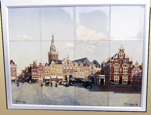 Nr.: 10, On offer decorative pottery made by Rozenburg, Description: 12 tiles Plateel Tableau, Height 53,3 cm width 68,5 cm, period: Year 1898, Decorator : J.W. van Rossum, Decor : Market Nijmegen 