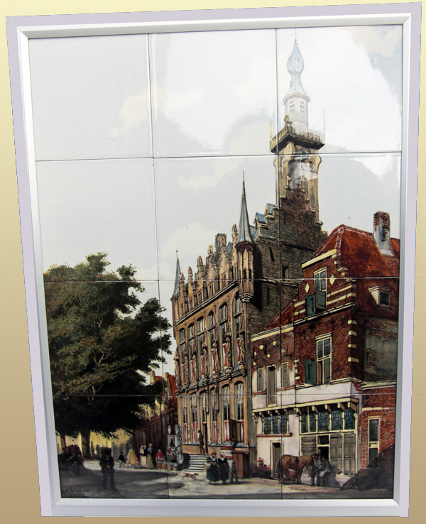 Nr.: 12, Te koop aangeboden sieraardewerk van Distel, Omschrijving: 12 tegels Plateel Tableau, Hoog 66 cm Breed 50,7 cm, Periode: Jaar 1895-1923, Schilder : Onbekend ,Decor: Stadhuis Veere 