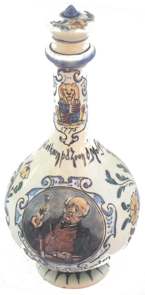 Nr.: 123, Reeds verkocht : sieraardewerk van Rozenburg, Omschrijving: Plateel Jeneverkruik, Hoog 25,5 cm Breed 11,8 cm, Periode: Jaar 1892, Schilder : Onbekend , 