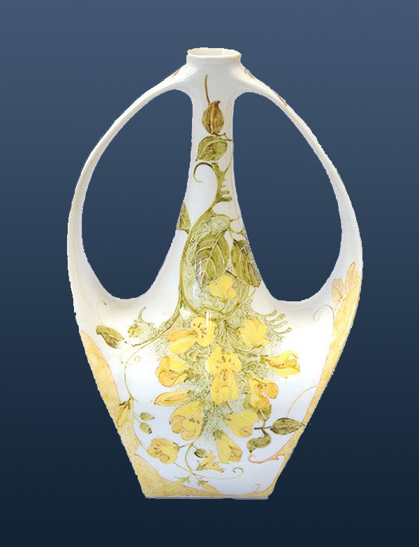 Nr.: 165, Already sold : decorative pottery made by Rozenburg,  Description: (eggshell) Plateel Vase, Height 18 cm width 11,5 cm, period: Year 1906, Decorator : H.G.A. Huyvenaar, 