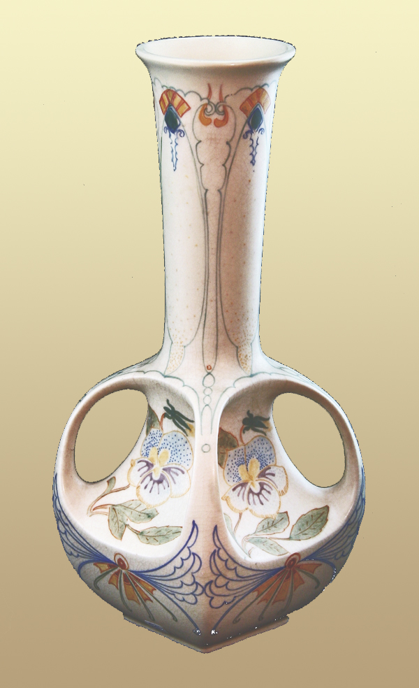 Nr.: 187, Already sold : decorative pottery made by Arnhemsche Faience  Plateel Vase, (lineair) , Height 28 cm , Diameter 11 cm , Year 1907-1933 