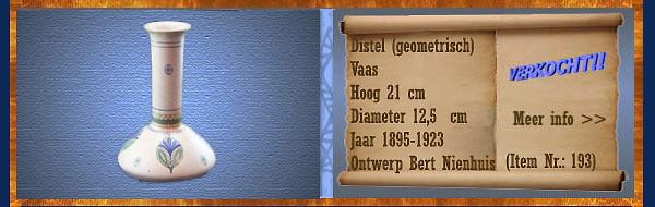 Nr.: 193, Te koop aangeboden sieraardewerk van de Distel  Plateel Vaas, (geometrisch) , Hoog 21 cm , Diameter 12,5  cm , Jaar 1895-1923 , Ontwerper Bert Nienhuis