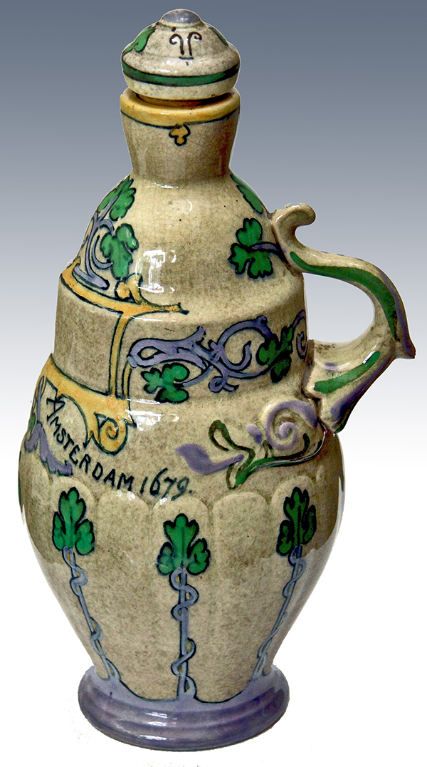 Nr.: 282, Te koop aangeboden Holland Utrecht jenever kruikje, Omschrijving: Holland Utrecht jeneverkruik met stop, Hoog 21 cm, Diameter 10 cm, Periode: onbekend