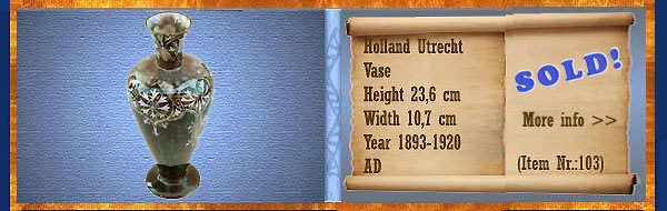 Nr.: 103, On offer decorative pottery of Holland Utrecht, Description: Plateel Vase, Height 23,6 cm Width 10,7 cm, Period: Year 1893-1920, Decorator : AD, 