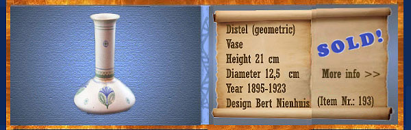 Nr.: 193, On offer decorative pottery of de Distel  Plateel Vase, (geometrisch) , Height 21 cm , Diameter 12,5  cm , Year 1895-1923 , Ontwerper Bert Nienhuis